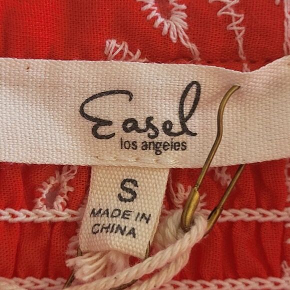 NEW Easel Small Red Tunic Blouse All Cotton Pullover White Eyelet Smocked BOHO - Picture 3 of 15